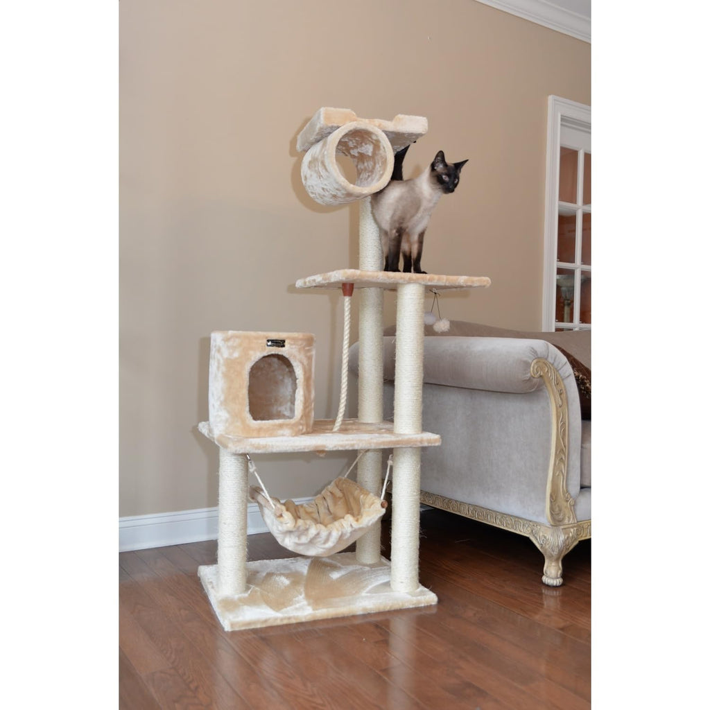 Tall 70 Inch MultiLevel Feline Activity Tower with Scratching Posts and Playhouse, Tan F792