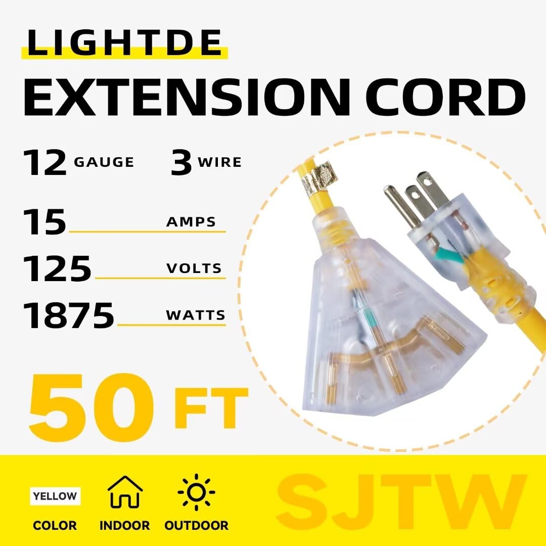 50 Ft Yellow Heavy Duty Outdoor Extension Cord with 3 Outlets P483