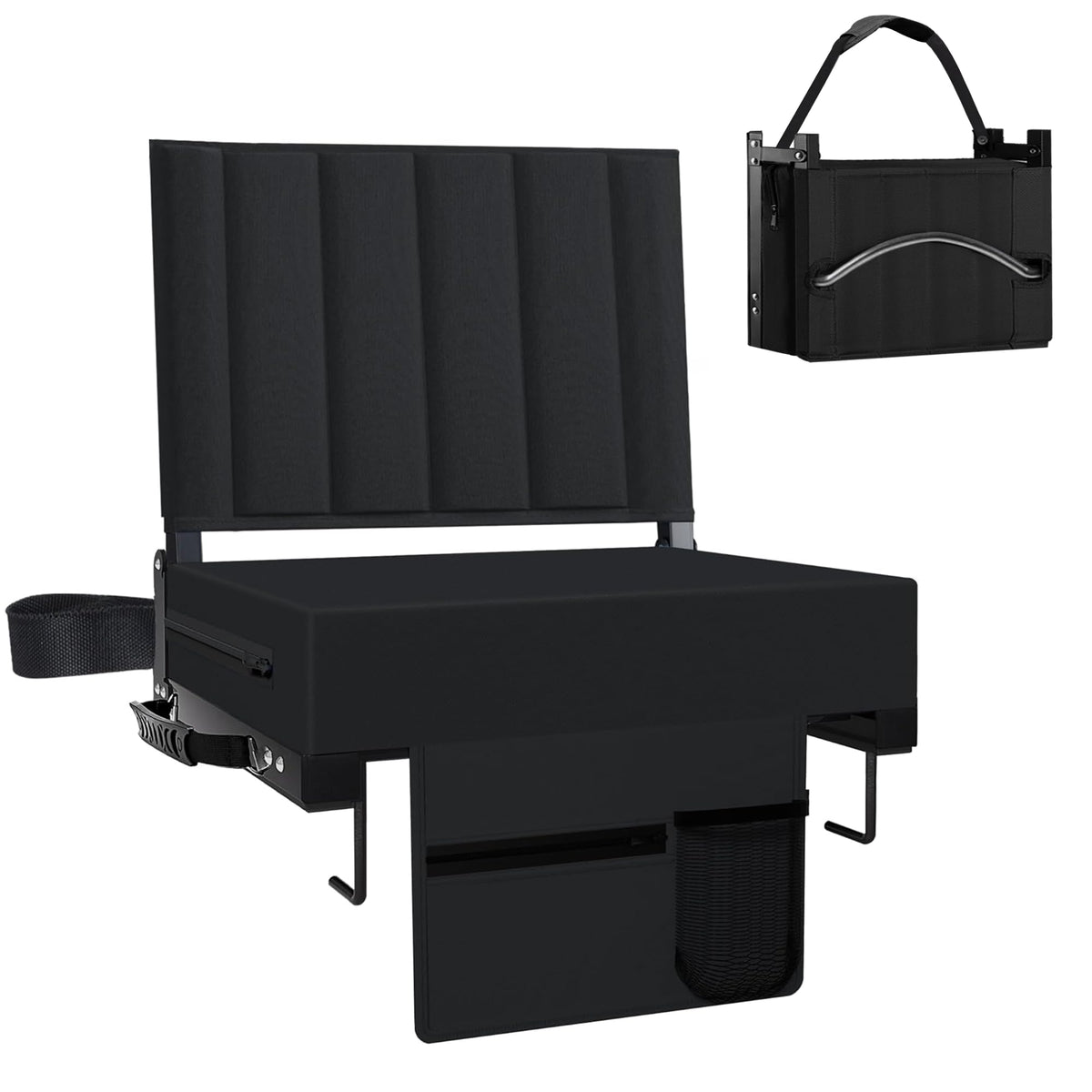 Black Padded Portable Folding Stadium Seat with Back Support and Cup Holder L480276