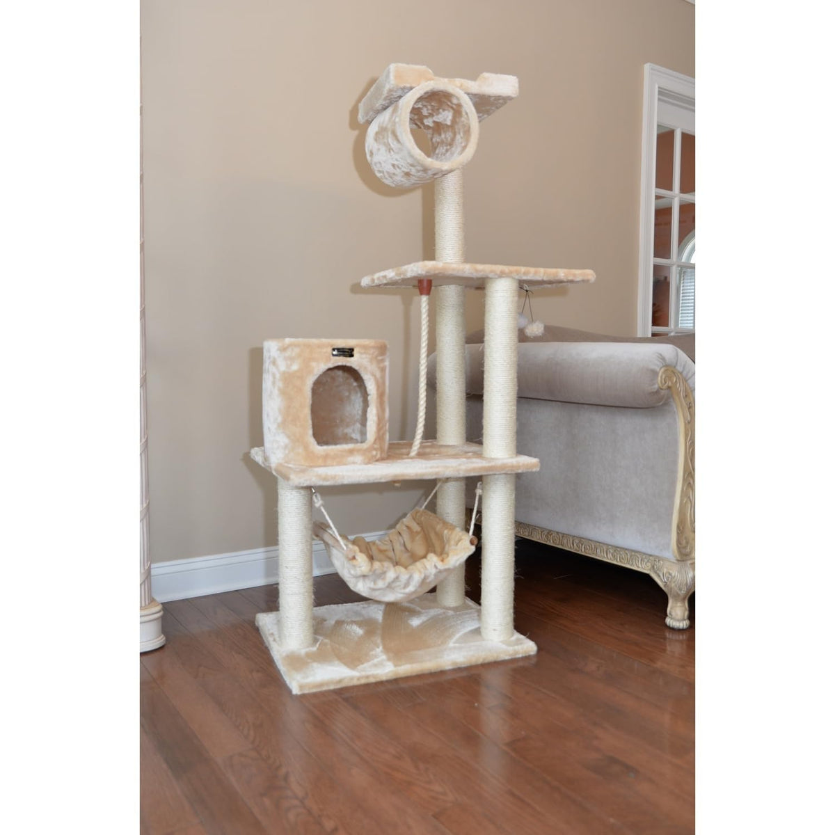 Tall 70 Inch MultiLevel Feline Activity Tower with Scratching Posts and Playhouse, Tan F792