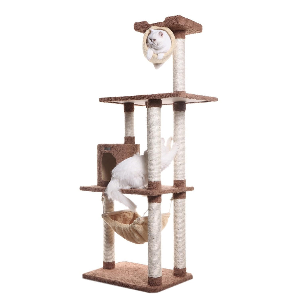 Tall 70 Inch MultiLevel Feline Activity Tower with Scratching Posts and Playhouse, Tan F792