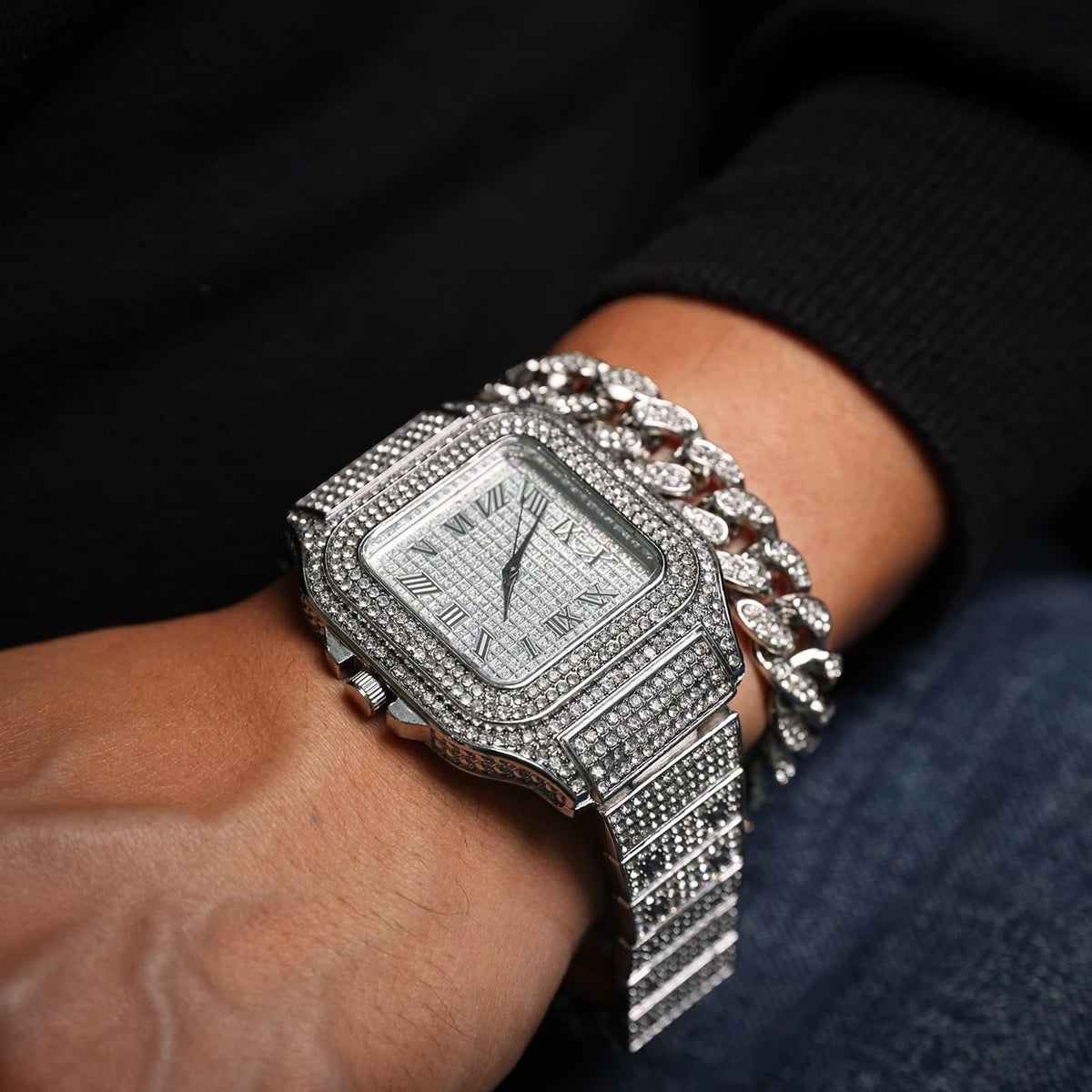 Men's Watch 18K Gold Platinum Plated 40MM Square Dial Diamond Wristband Z86693