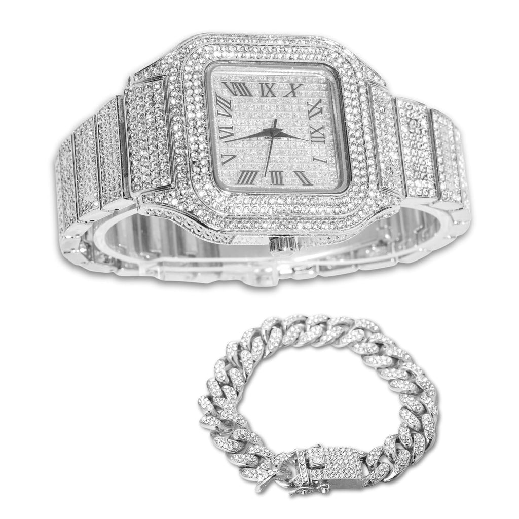 Men's Watch 18K Gold Platinum Plated 40MM Square Dial Diamond Wristband Z86693