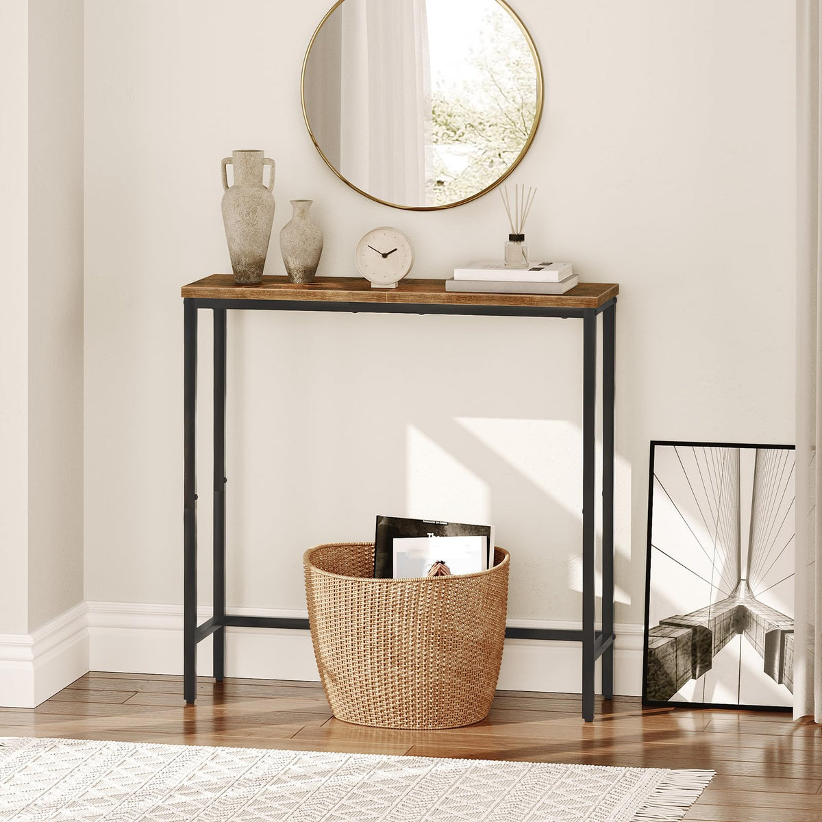 Narrow Console Table, Rustic Brown and Black F7169