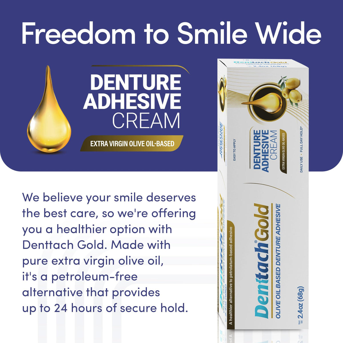 Gold Olive Oil Based Denture Adhesive Cream, Zinc Free, 2.4 Ounce A190