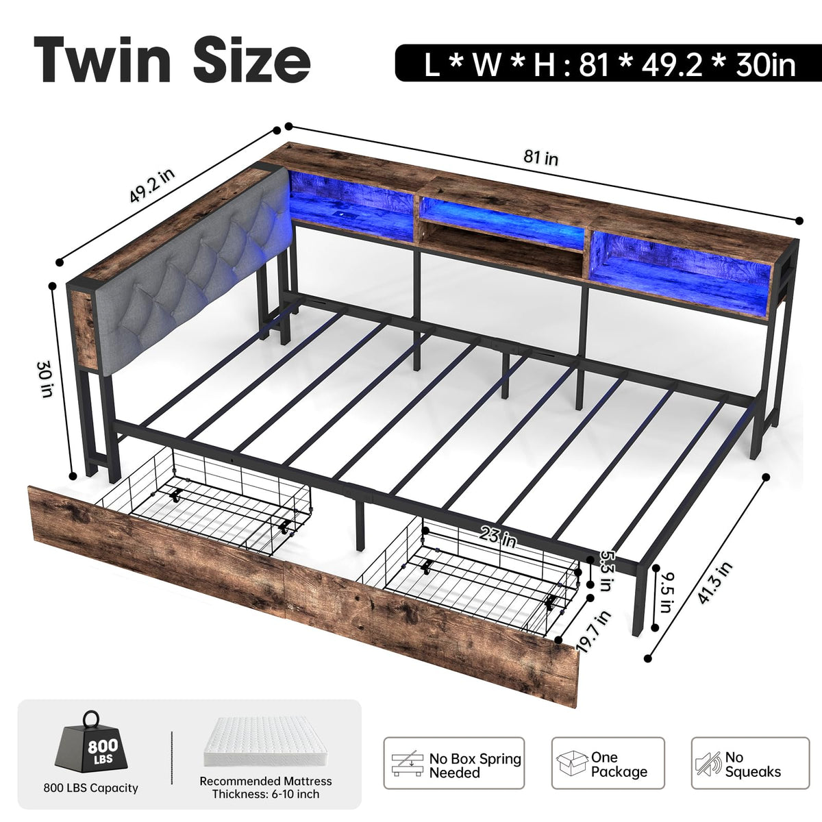 Twin Size Corner Bed Frame with Storage Bookcase E684
