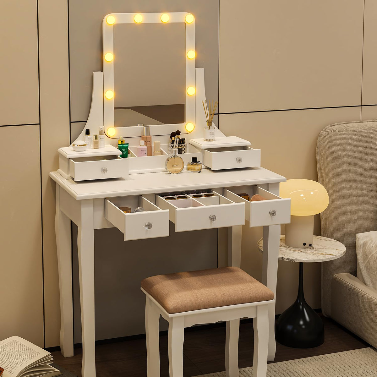 Vanity Desk with Mirror and Lights and Stool Set Y75326