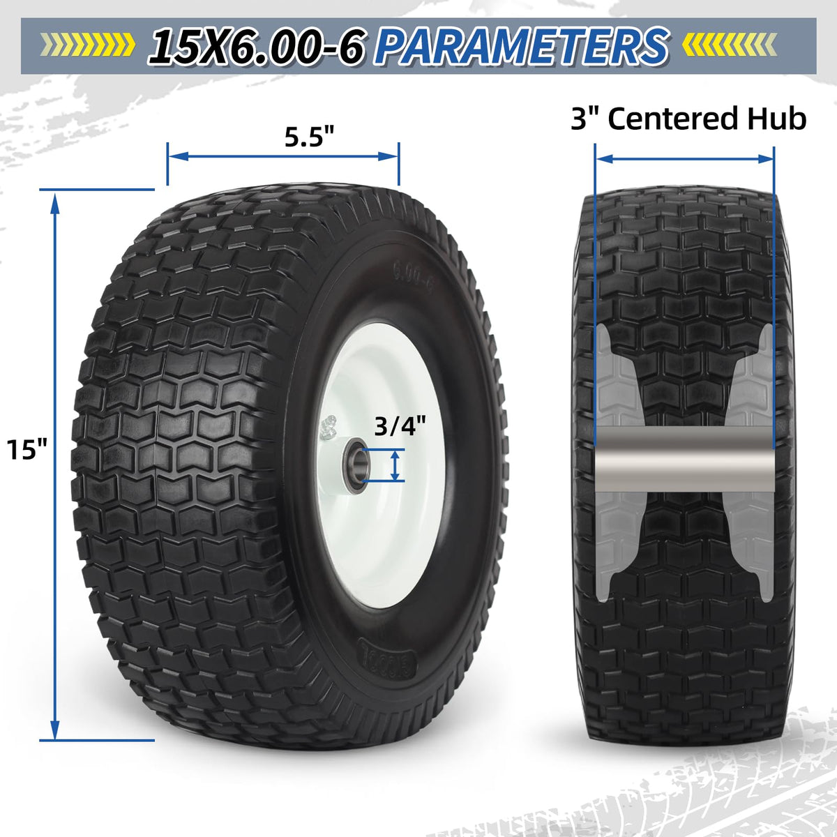 15x6.00-6 Flat Free Lawn Mower Tire and Wheel, 2 Pack G2764