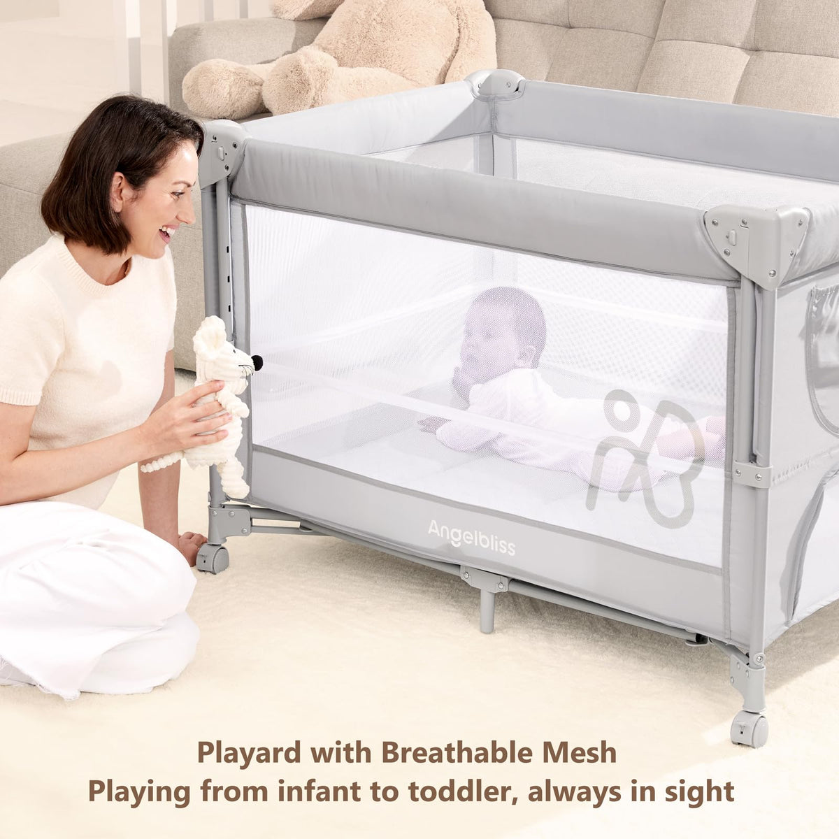 Pack and Play, Baby Bassinet Bedside Crib with Changer, Grey O40599
