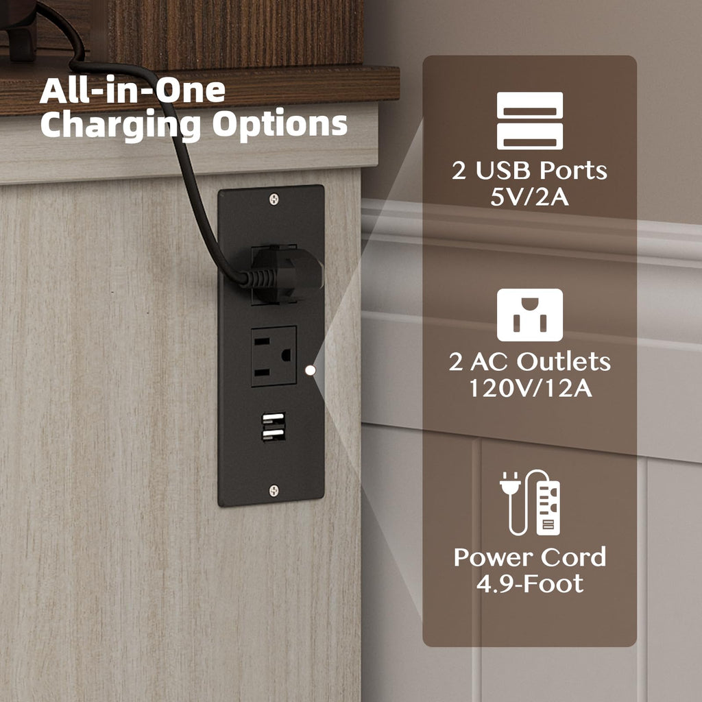 White Coffee Bar Cabinet with Storage and Charging K559
