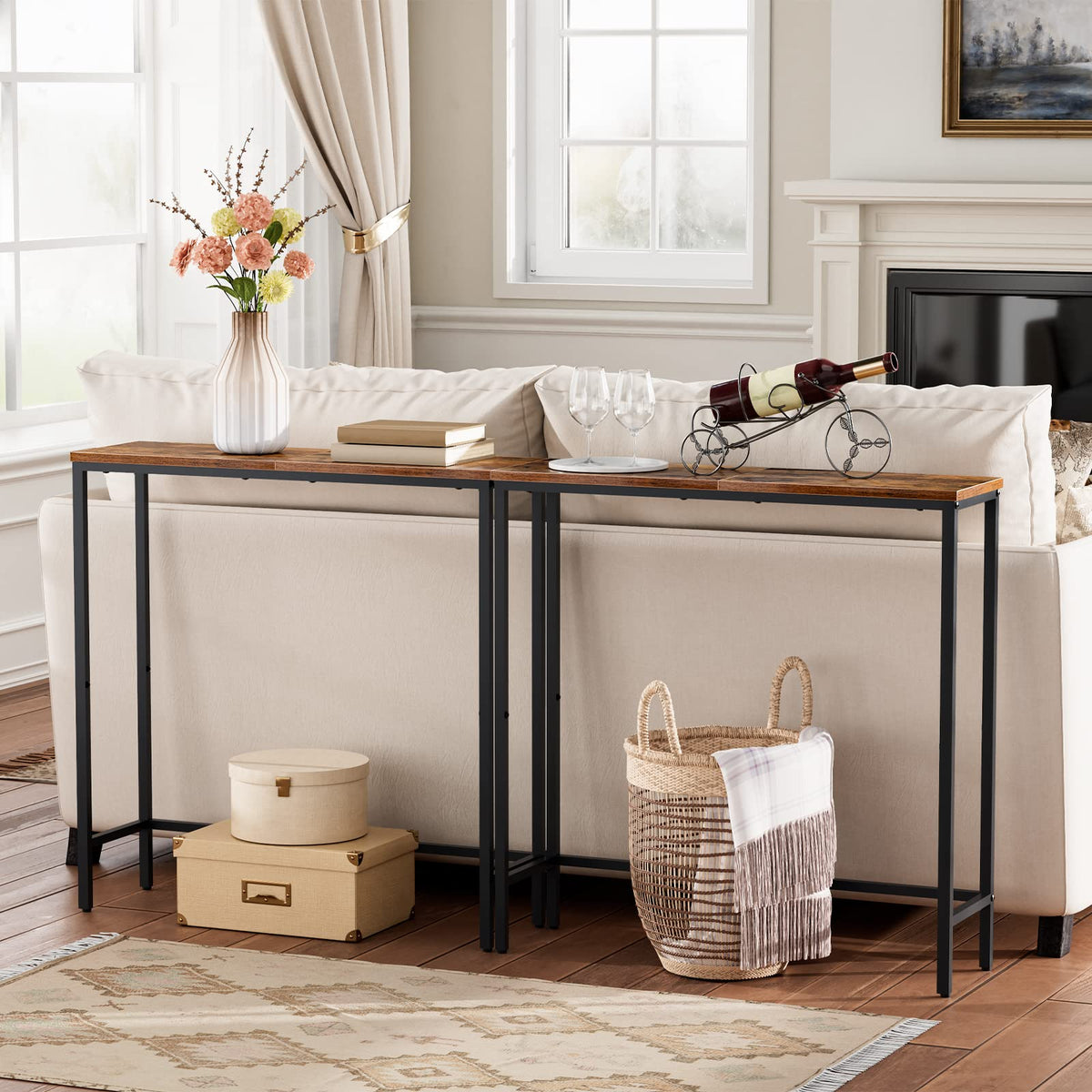 Narrow Console Table, Rustic Brown and Black F7169