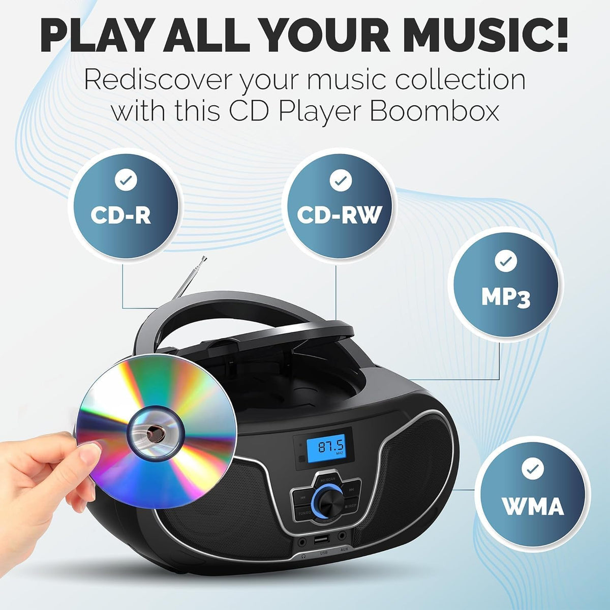 Portable Bluetooth CD Player Boombox with FM Radio G604