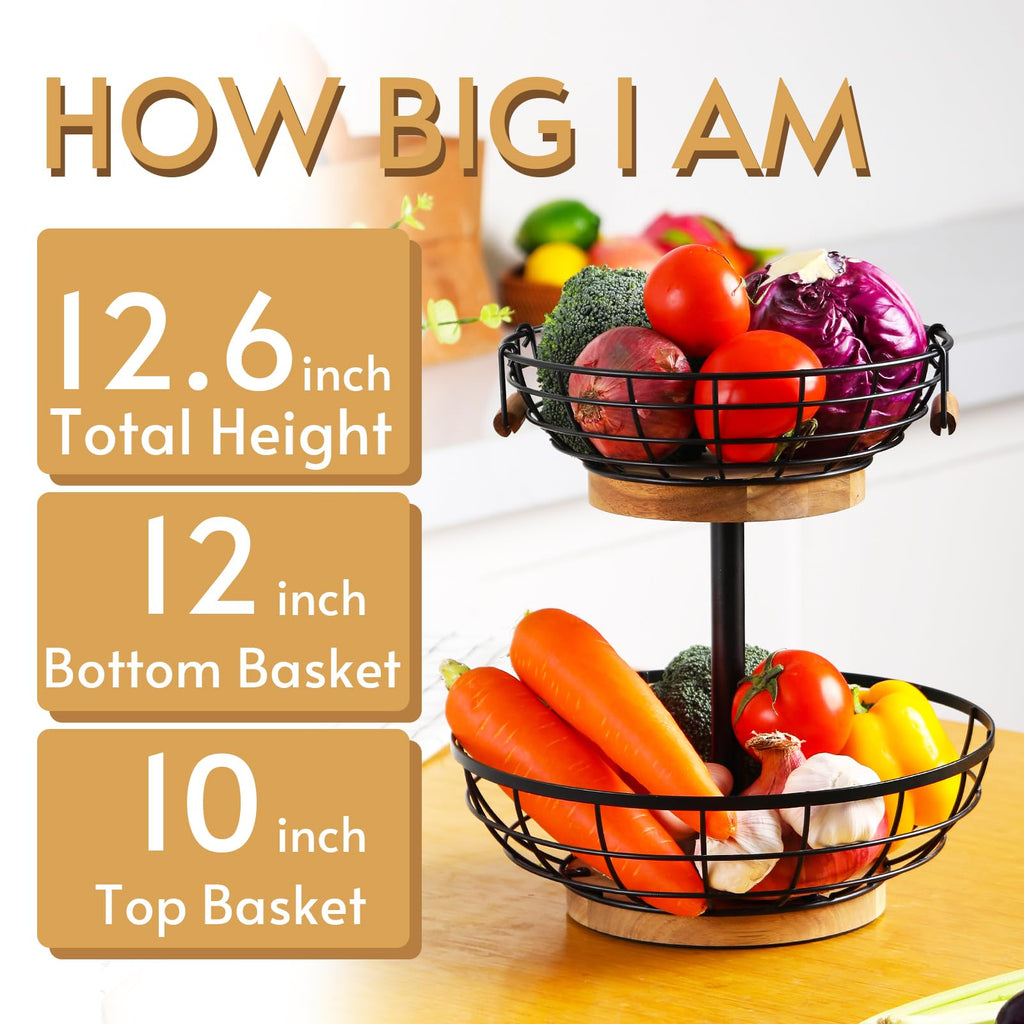 2-tier Metal Fruit Basket Bowl with Wooden Base P9510