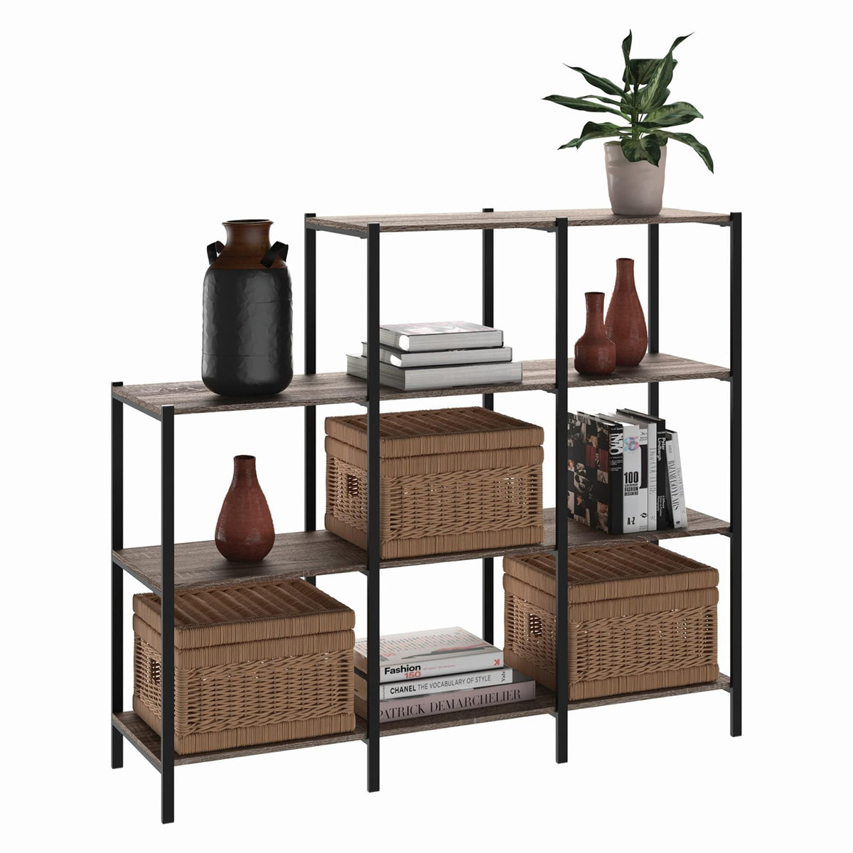 4-Tier Bookcase, 5 Shelves, Black Metal and Wood X18822