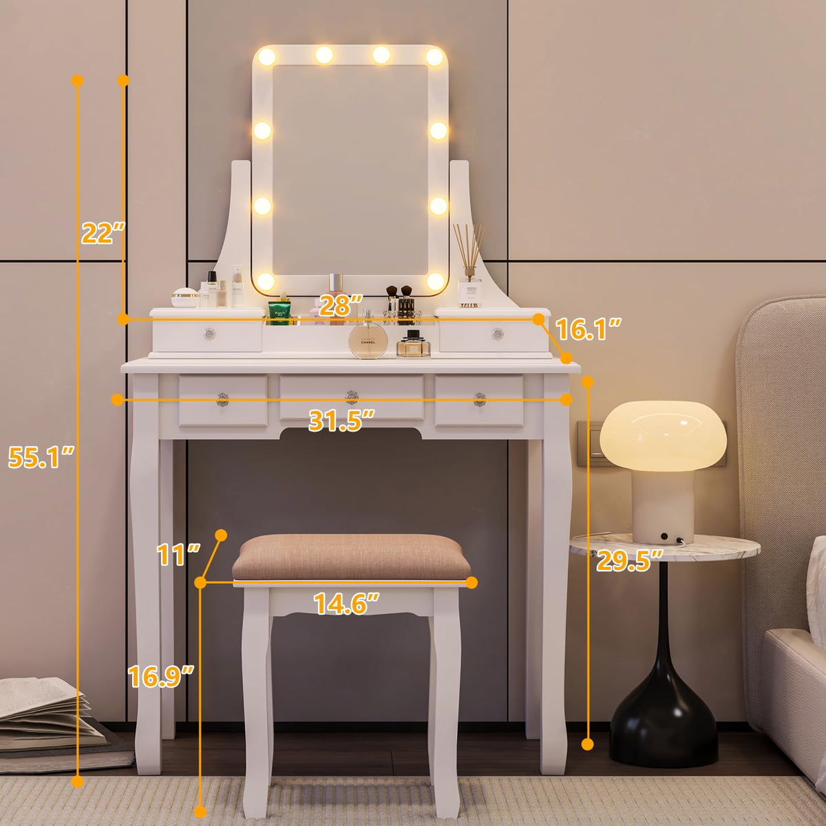 Vanity Desk with Mirror and Lights and Stool Set Y75326