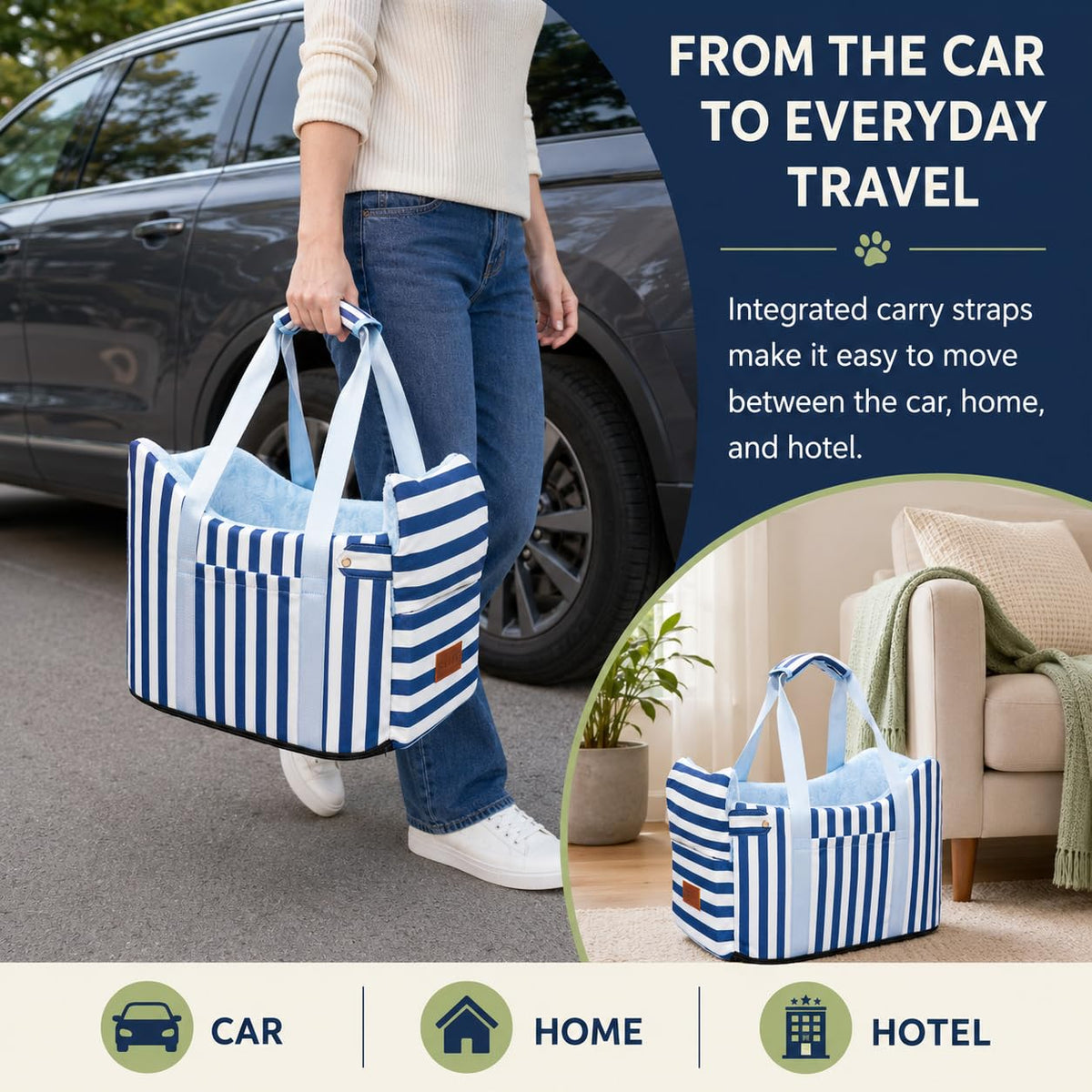 Dog Car Seat for Small Dogs to 15lbs Blue White Stripes O953537