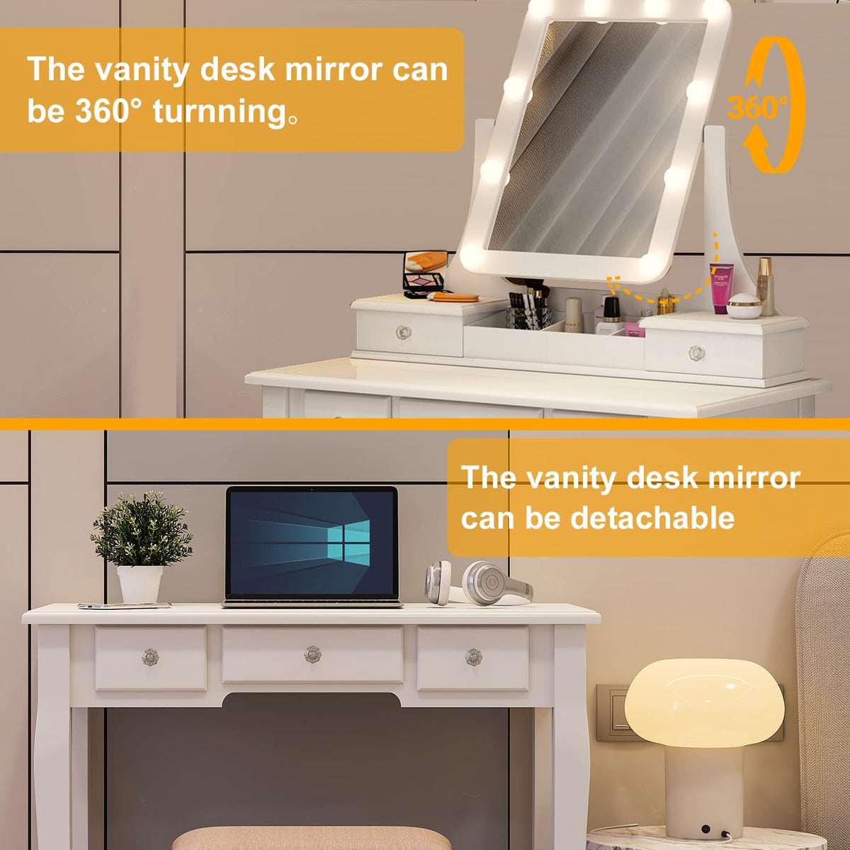 Vanity Desk with Mirror and Lights and Stool Set Y75326