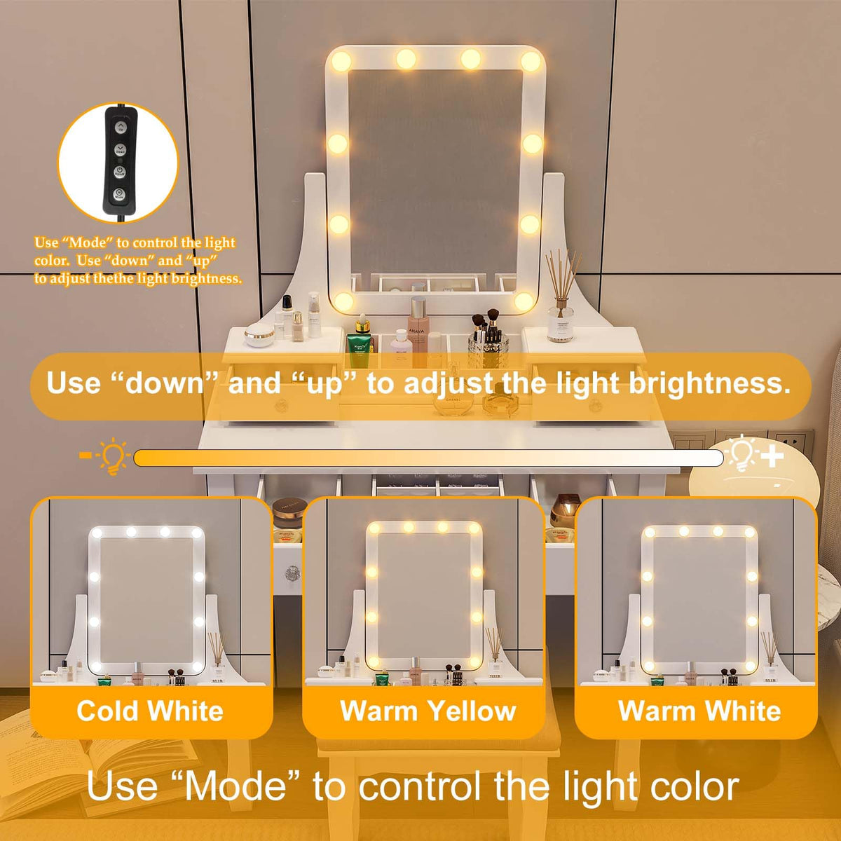 Vanity Desk with Mirror and Lights and Stool Set Y75326