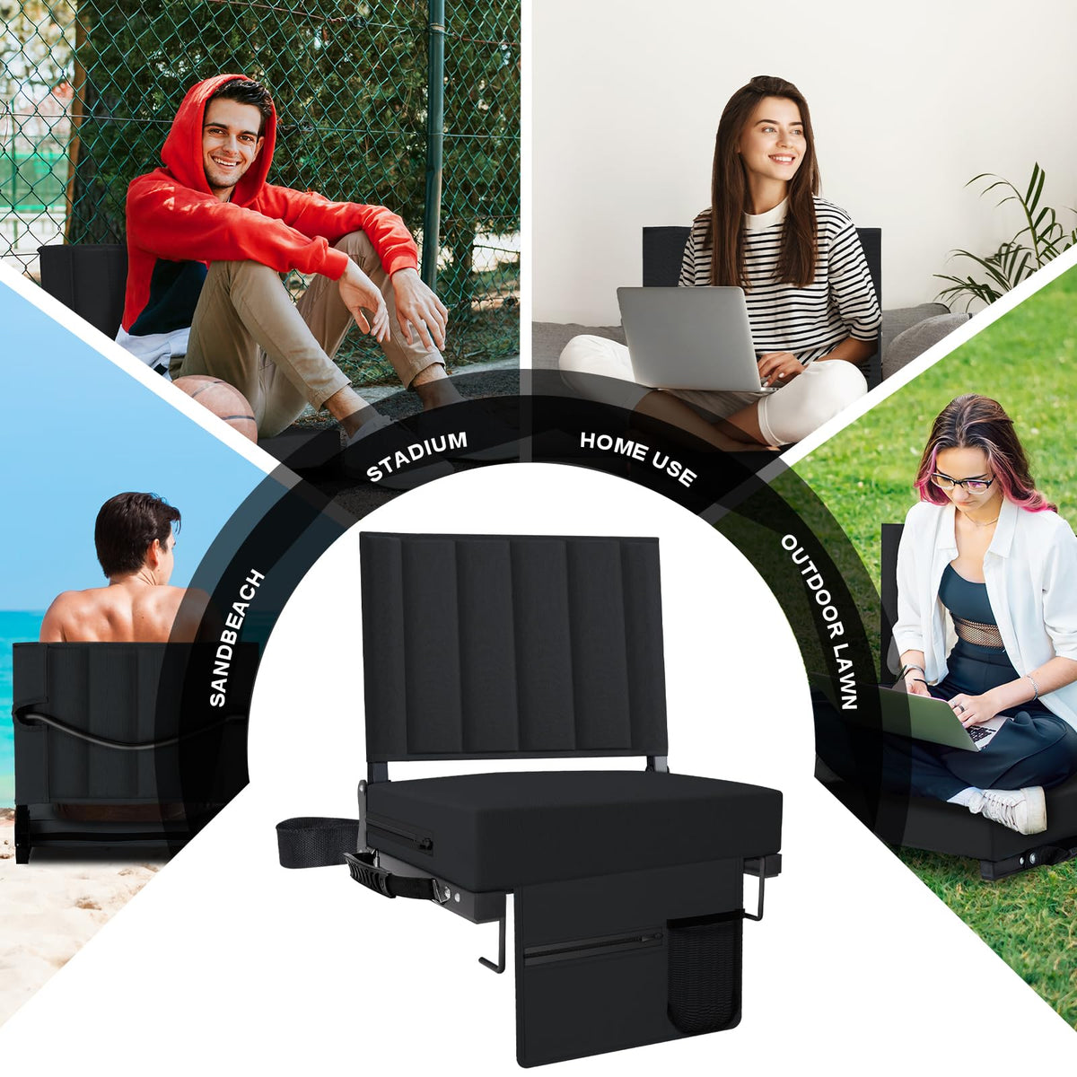 Black Padded Portable Folding Stadium Seat with Back Support and Cup Holder L480276