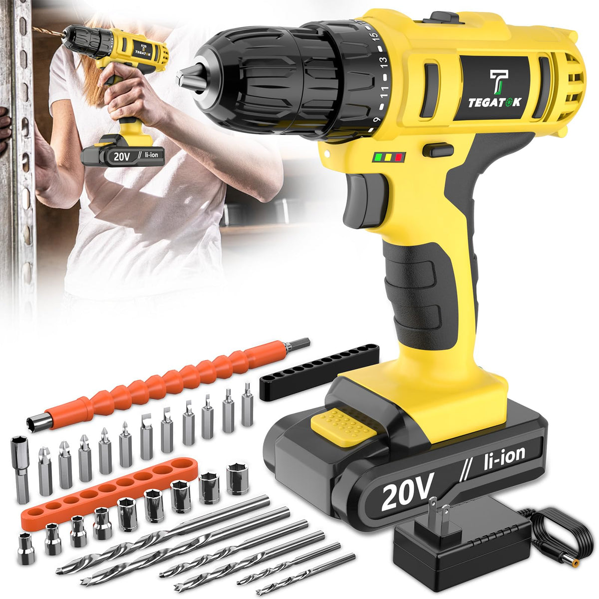 20V Cordless Drill Set with 3/8 Inch Keyless Chuck P58600