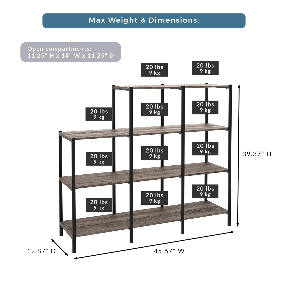 4-Tier Bookcase, 5 Shelves, Black Metal and Wood X18822