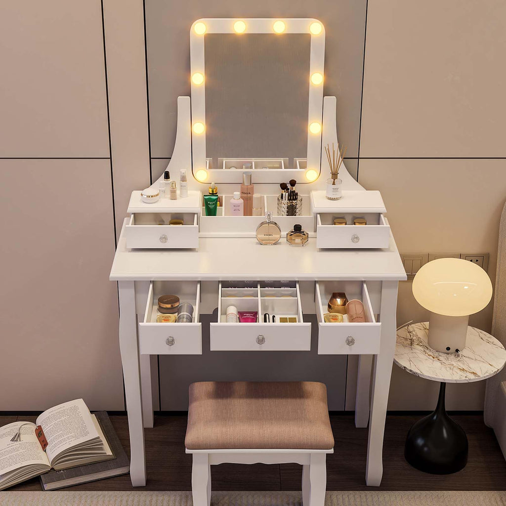 Vanity Desk with Mirror and Lights and Stool Set Y75326