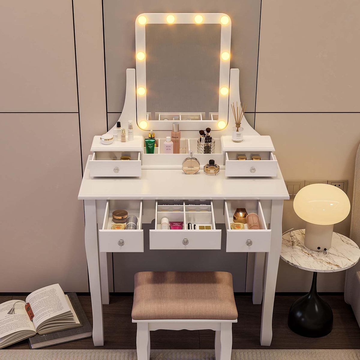 Vanity Desk with Mirror and Lights and Stool Set Y75326