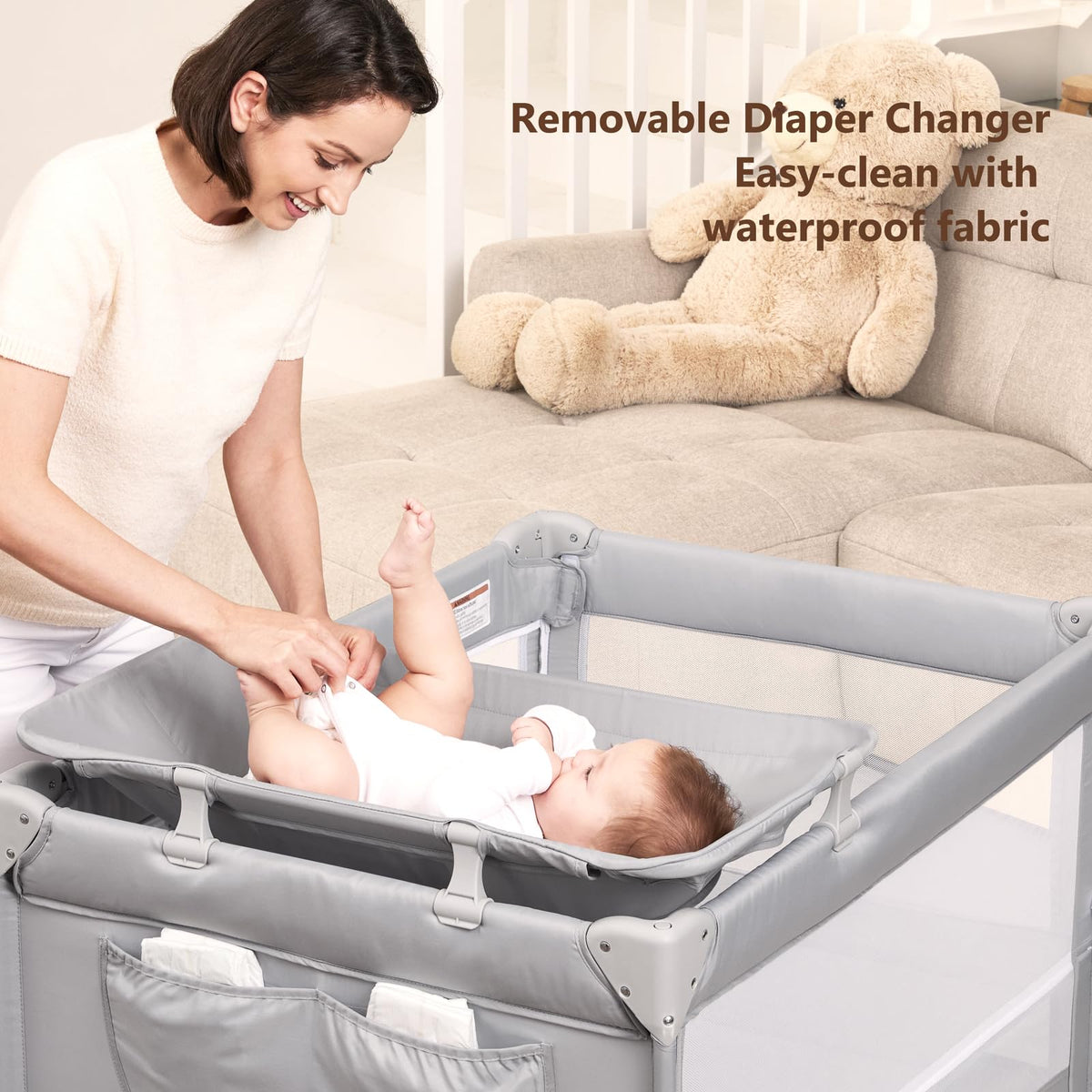 Pack and Play, Baby Bassinet Bedside Crib with Changer, Grey O40599