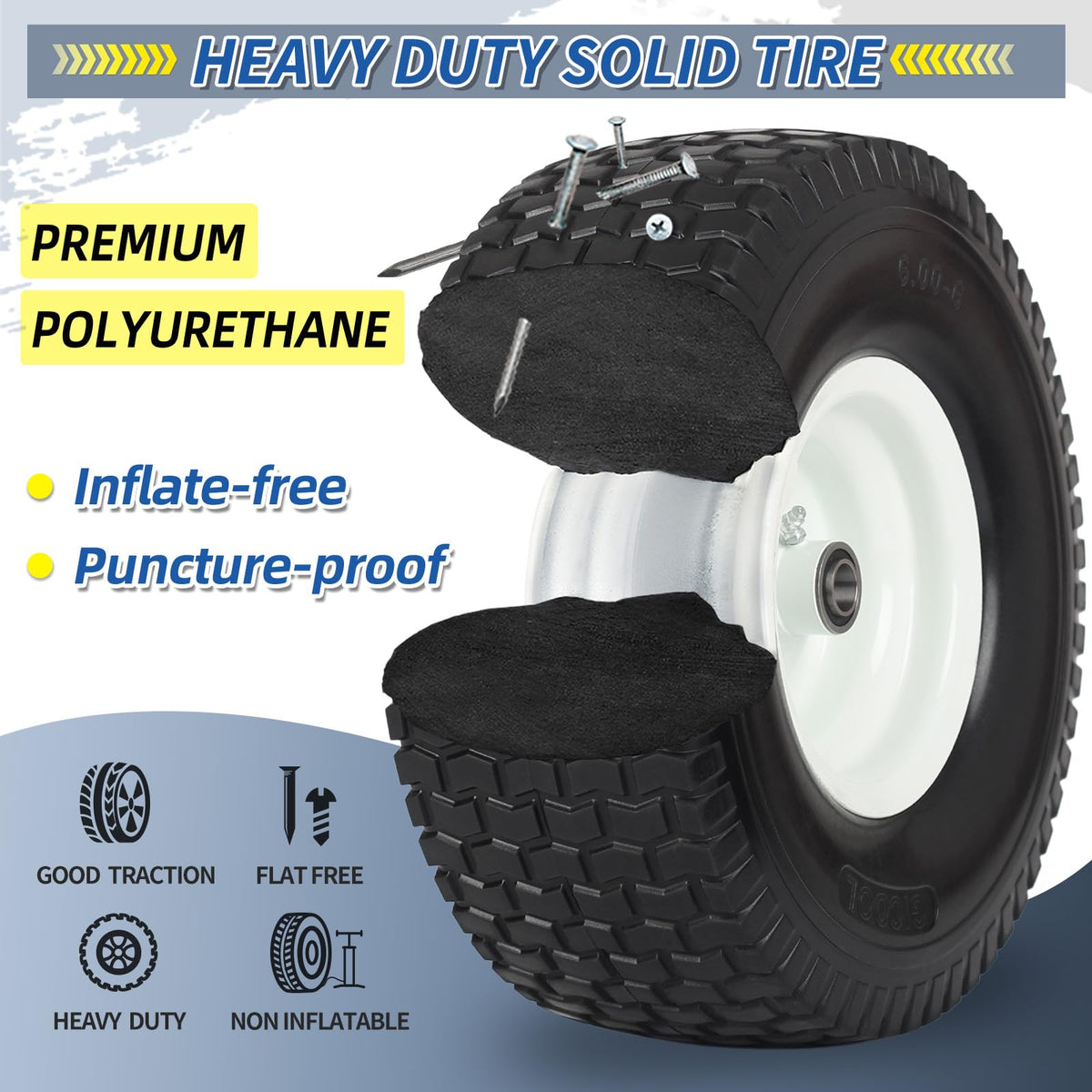 15x6.00-6 Flat Free Lawn Mower Tire and Wheel, 2 Pack G2764