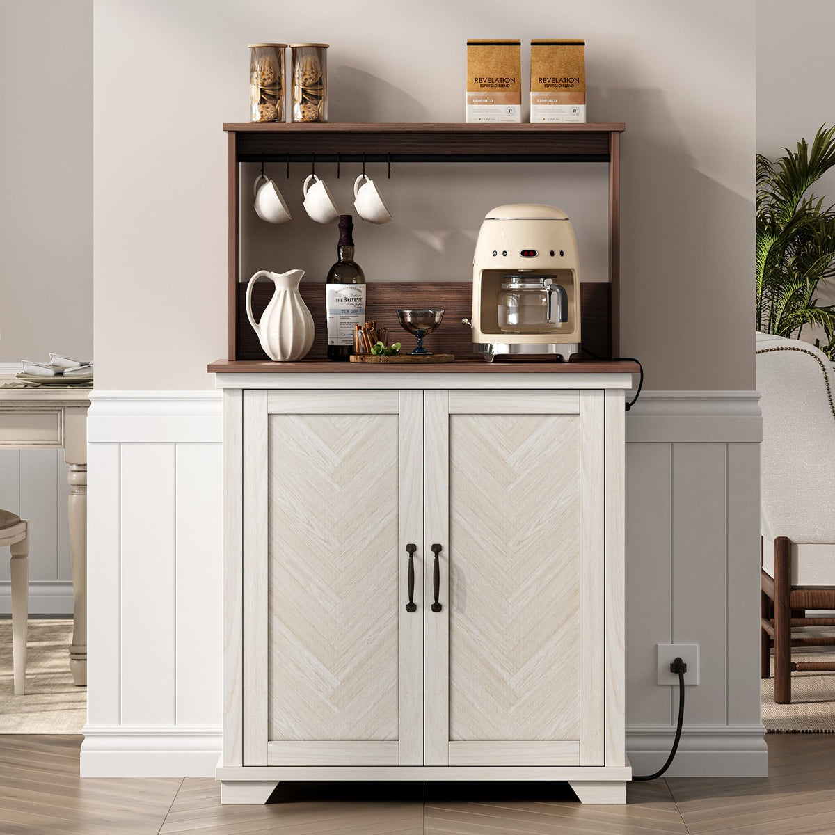 White Coffee Bar Cabinet with Storage and Charging K559