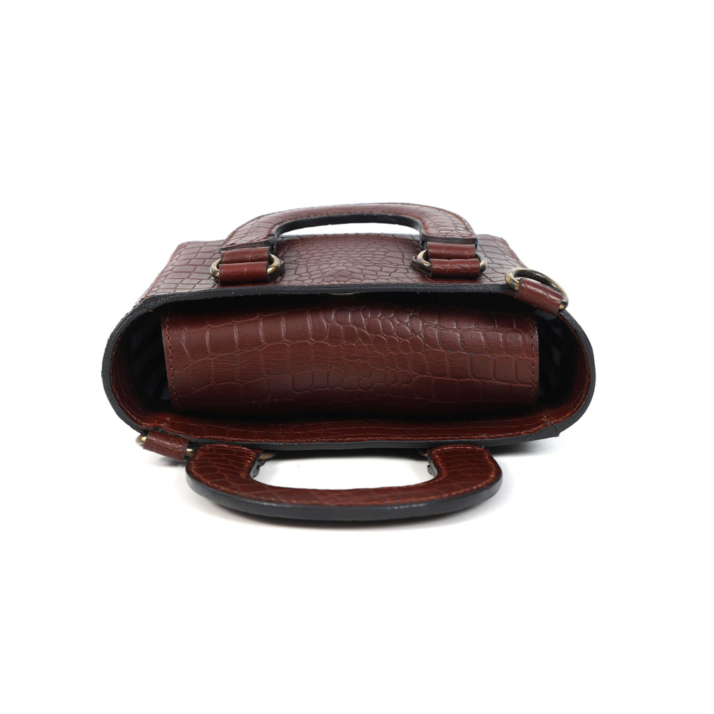 Tan Croc-Embossed Leather Mini Tote Crossbody Bag W131036