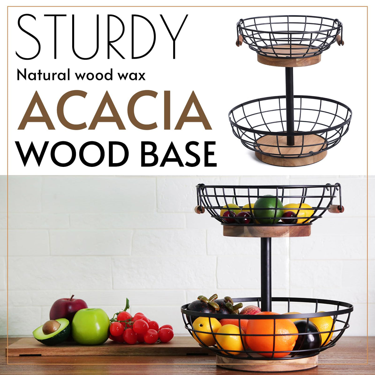 2-tier Metal Fruit Basket Bowl with Wooden Base P9510