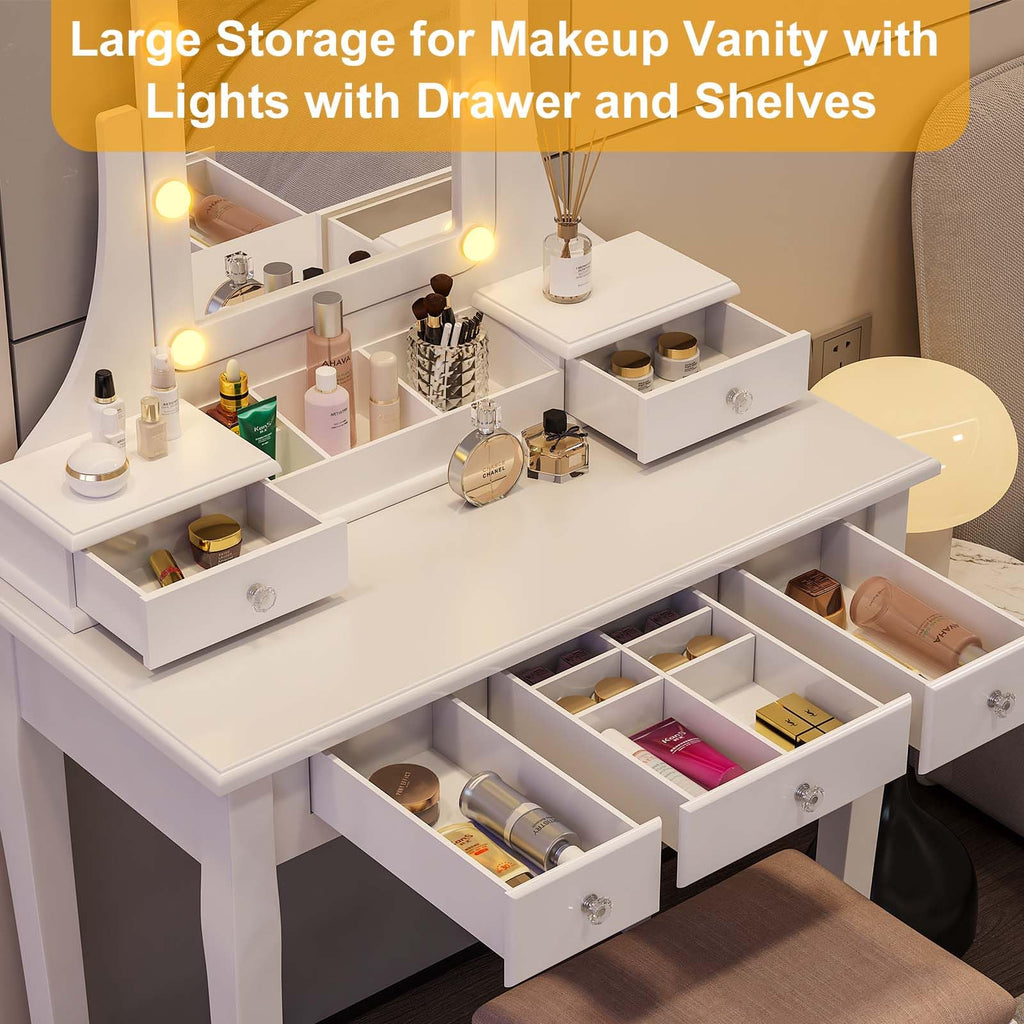 Vanity Desk with Mirror and Lights and Stool Set Y75326