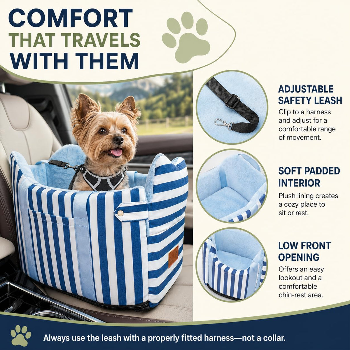 Dog Car Seat for Small Dogs to 15lbs Blue White Stripes O953537