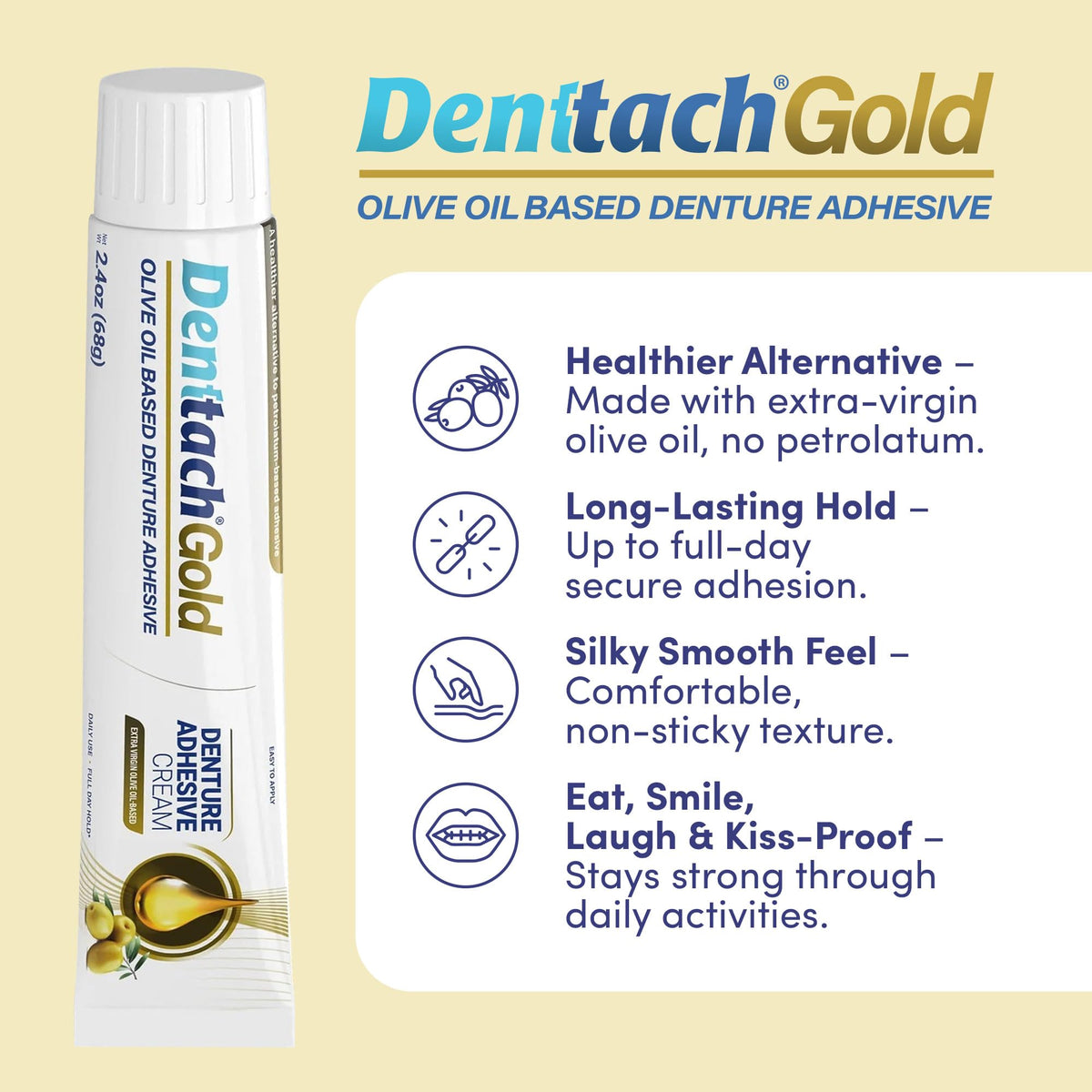 Gold Olive Oil Based Denture Adhesive Cream, Zinc Free, 2.4 Ounce A190