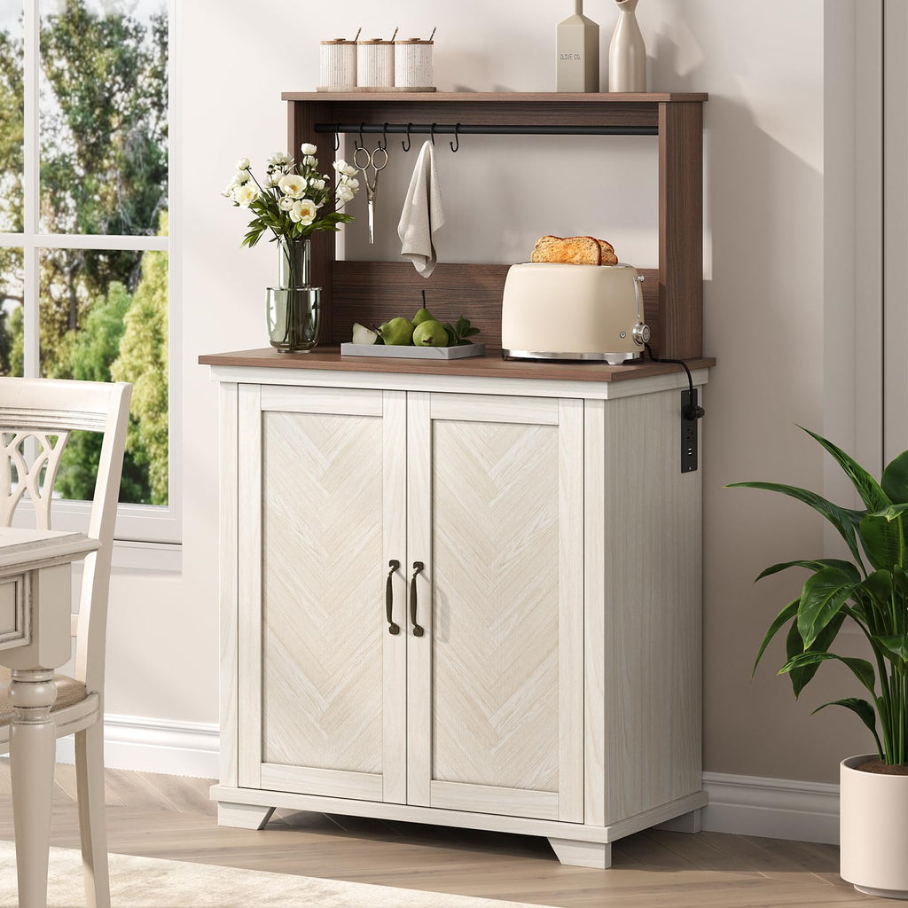 White Coffee Bar Cabinet with Storage and Charging K559