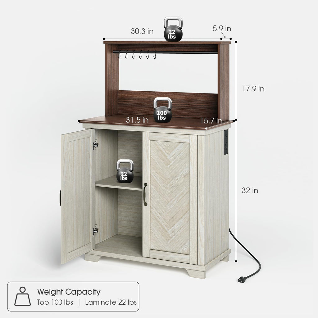 White Coffee Bar Cabinet with Storage and Charging K559
