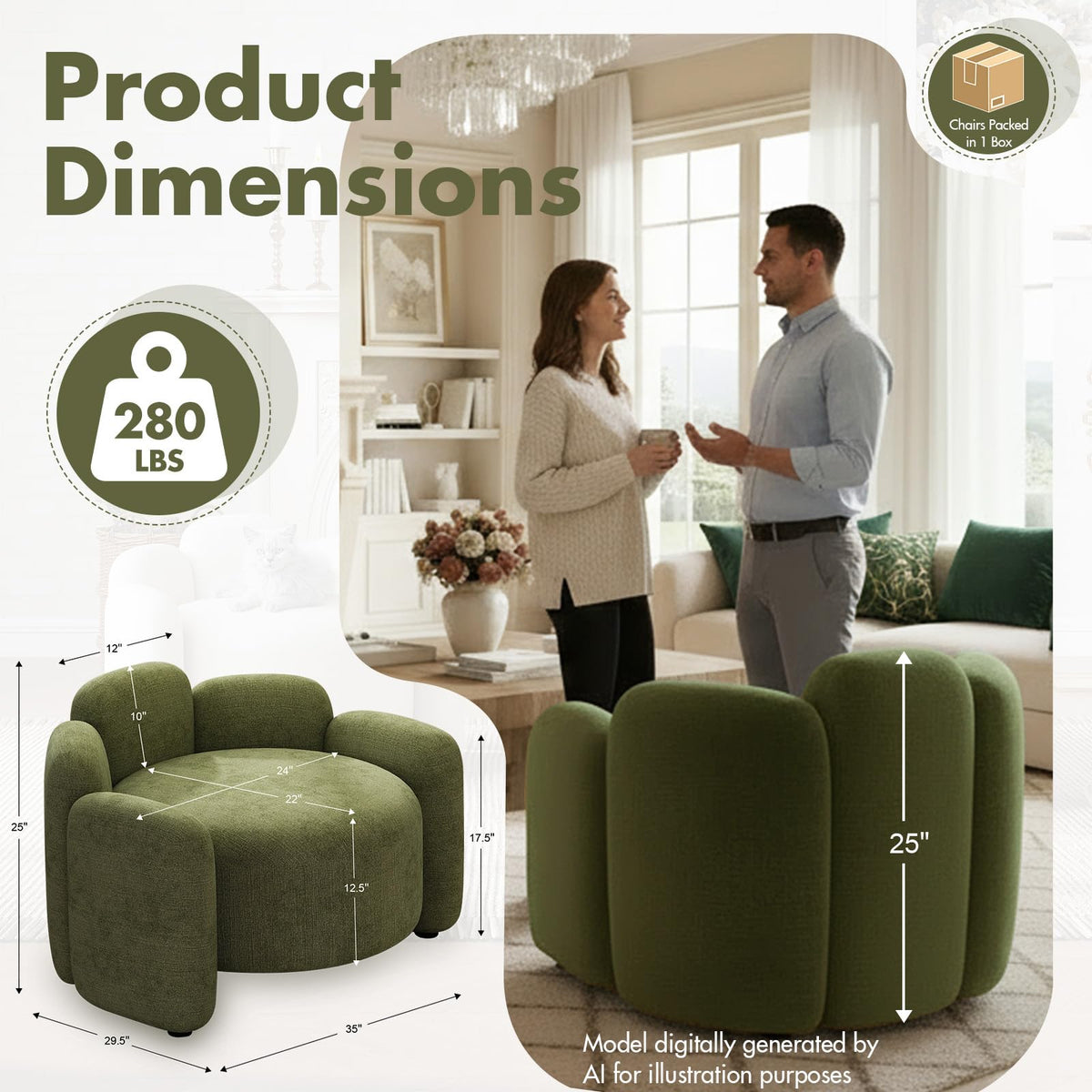 Green Mid-Century Modern Accent Chairs Set of 2 Upholstered Barrel Side Chairs with Solid Wood Base B3093