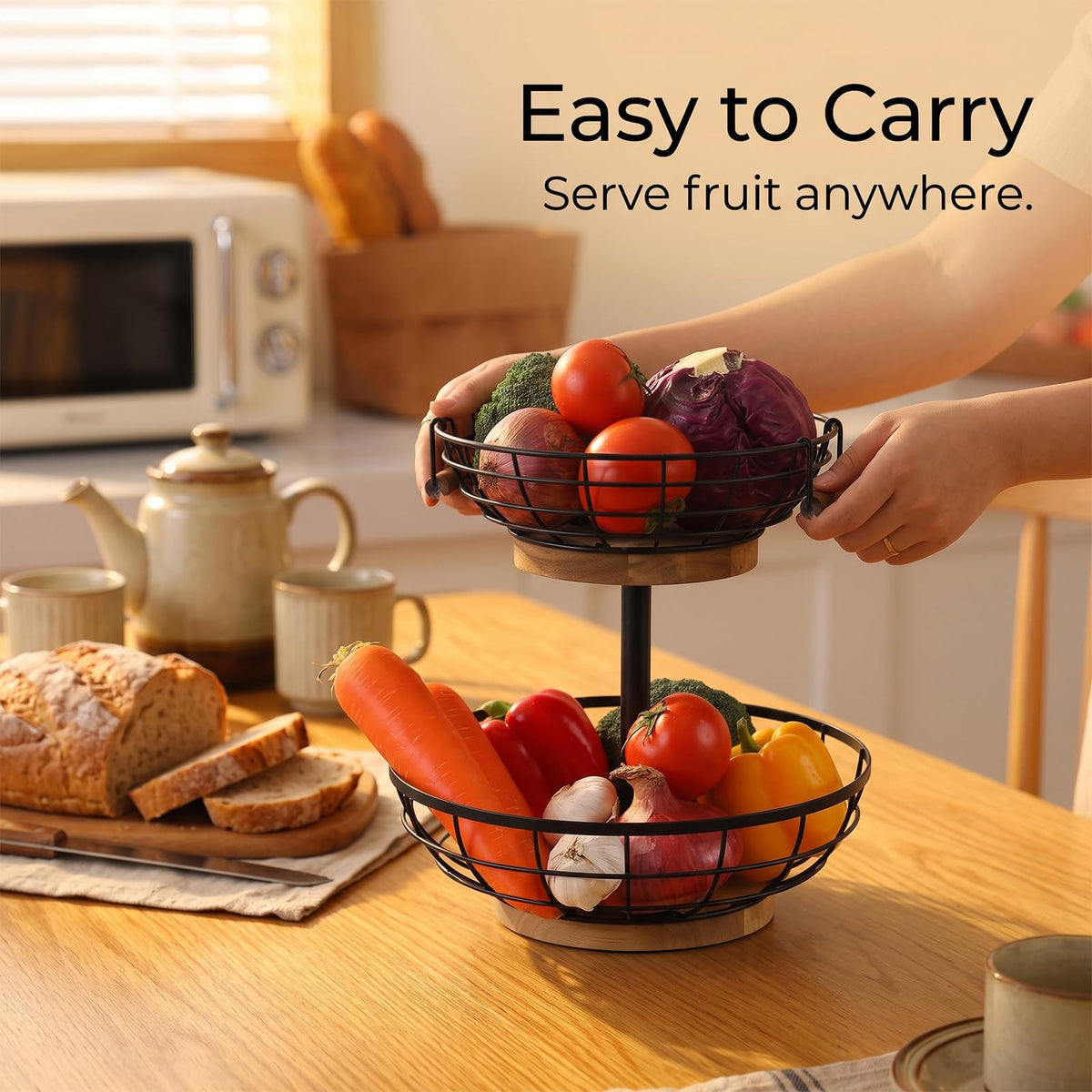 2-tier Metal Fruit Basket Bowl with Wooden Base P9510
