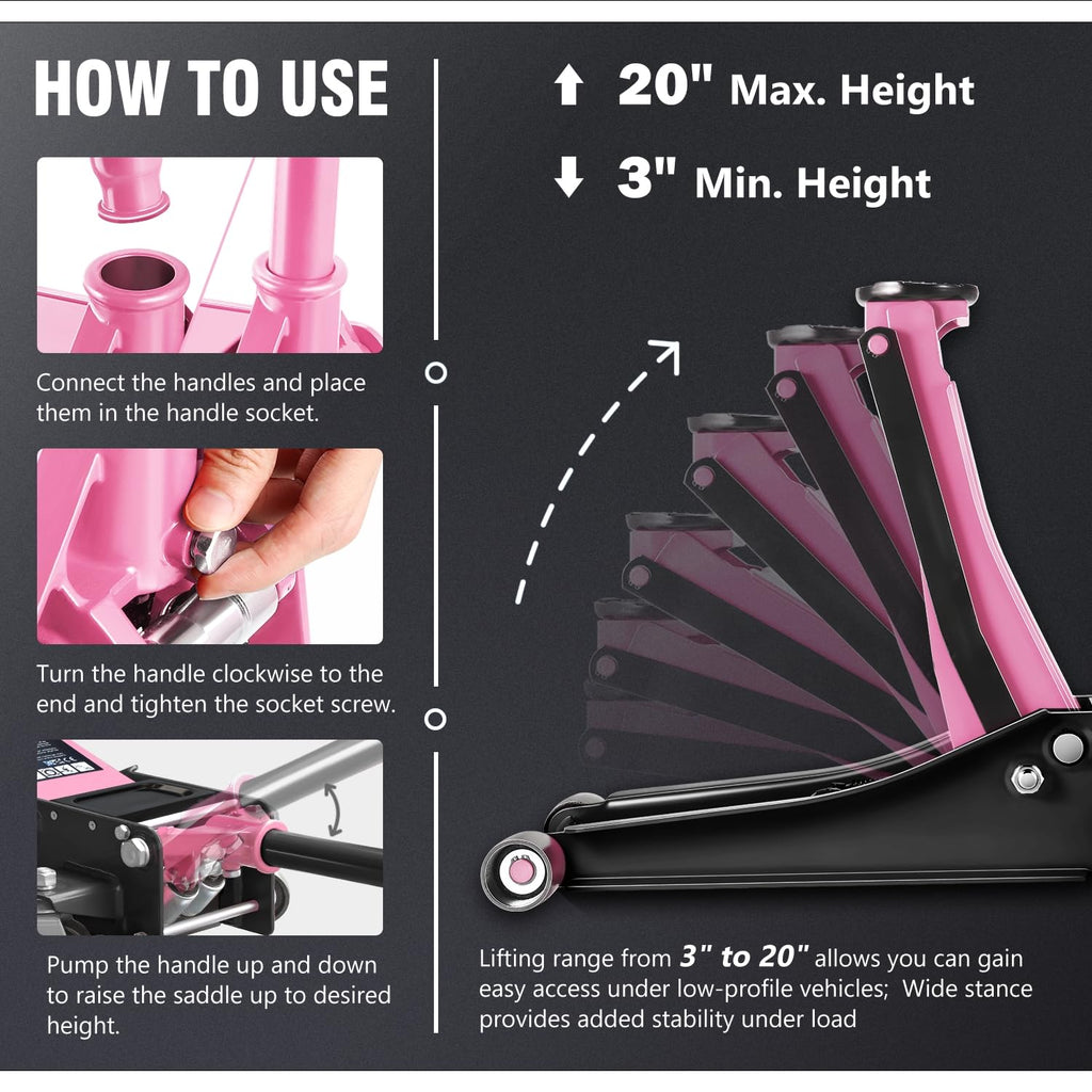 Low Profile Hydraulic Trolley Floor Jack 3 Ton Pink V413
