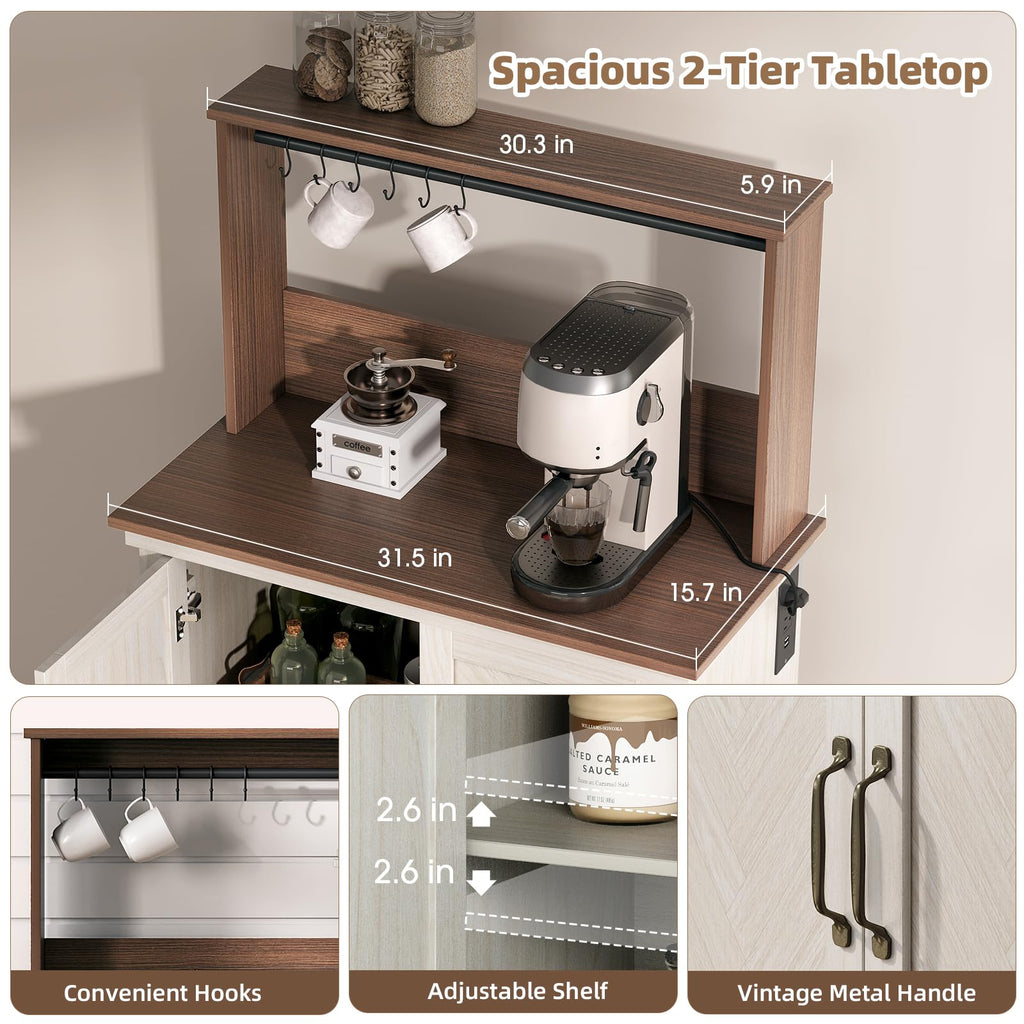 White Coffee Bar Cabinet with Storage and Charging K559