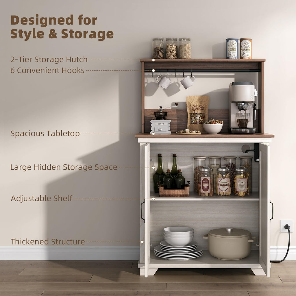 White Coffee Bar Cabinet with Storage and Charging K559