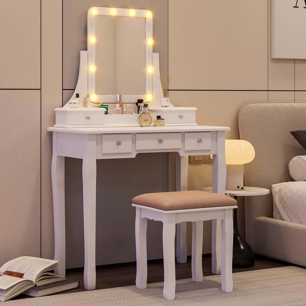 Vanity Desk with Mirror and Lights and Stool Set Y75326