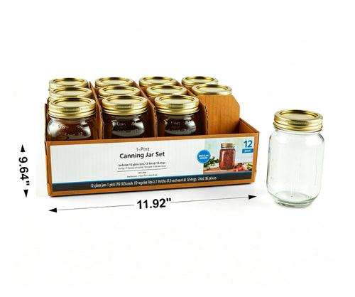16 oz Regular Mouth Glass Canning Jars with Lids and Rings, 12-Pack X6965