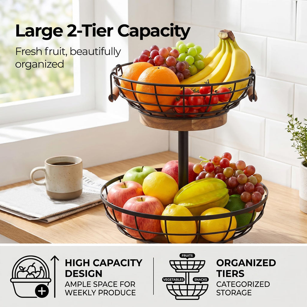 2-tier Metal Fruit Basket Bowl with Wooden Base P9510
