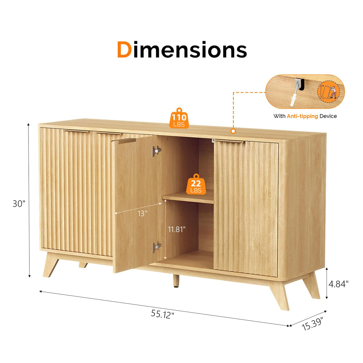 55" Fluted 4 Door Sideboard Cabinet with Adjustable Shelves J160754