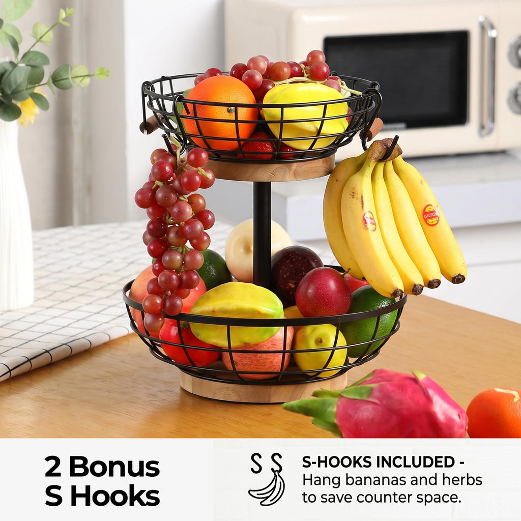2-tier Metal Fruit Basket Bowl with Wooden Base P9510