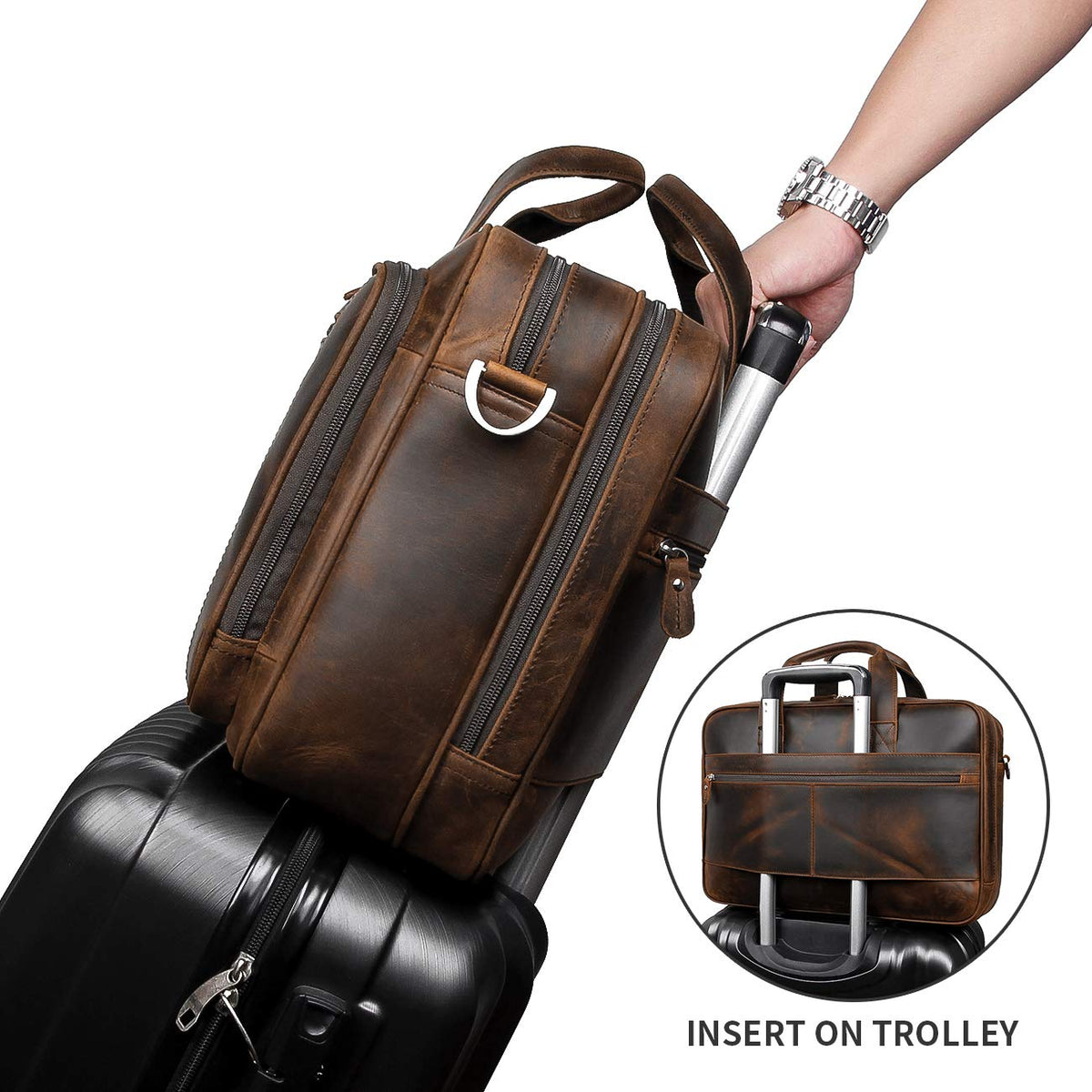 Leather 16" Laptop Briefcase with Luggage Strap F2388