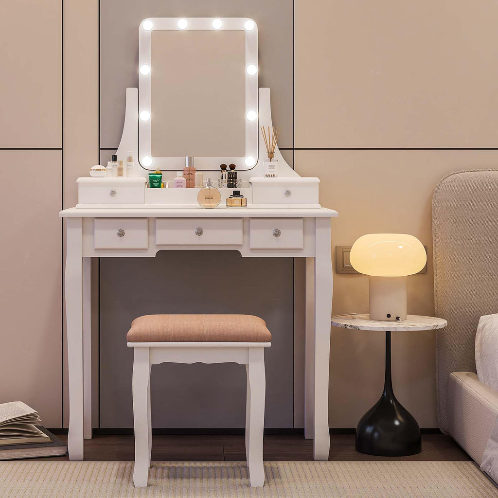 Vanity Desk with Mirror and Lights and Stool Set Y75326
