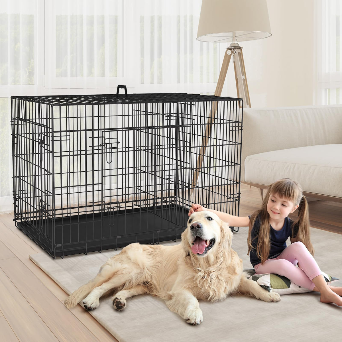 48 Inch Folding Metal Wire Dog Crate with Divider Panel & Removable Tray J1285